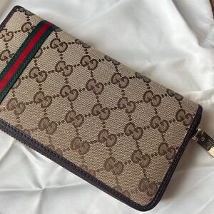 Gucci Brown Monogram Wallet with Green and Red Stripe